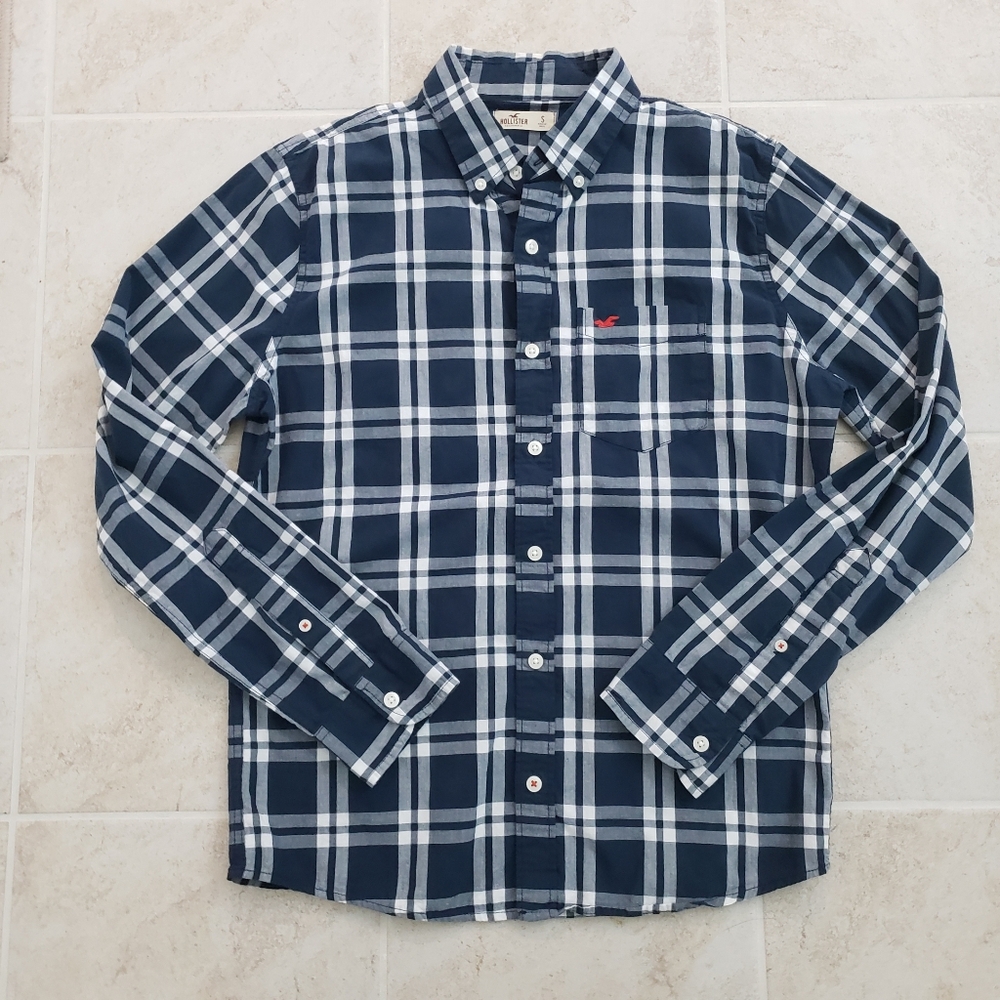 Hollister Men’s Plaid Long Sleeve Button Shirt Navy Sz Small